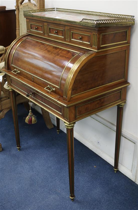 A late 19th century French ormolu mounted mahogany cylinder bureau W.80cm